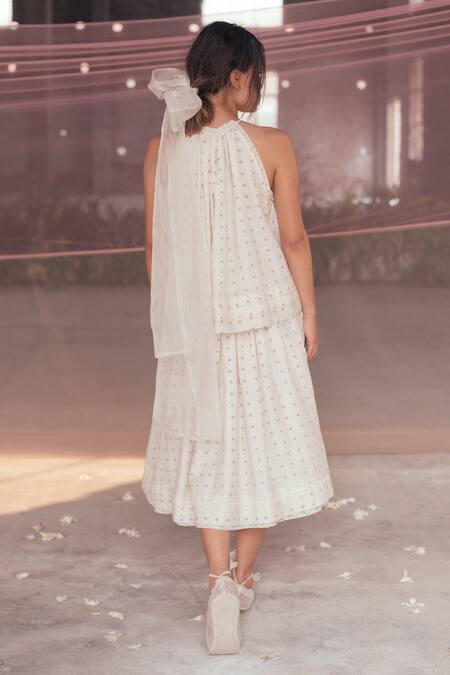 Shop_Itr By Khyati Pande_Off White Handloom Cotton, Silk Lace Halter Neck Orchid Summer Top_Online_at_Aza_Fashions