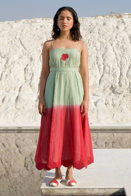 The Loom Art_Blue Silk, Embroidery Square A-line Panelled Dress With Belt _Online_at_Aza_Fashions