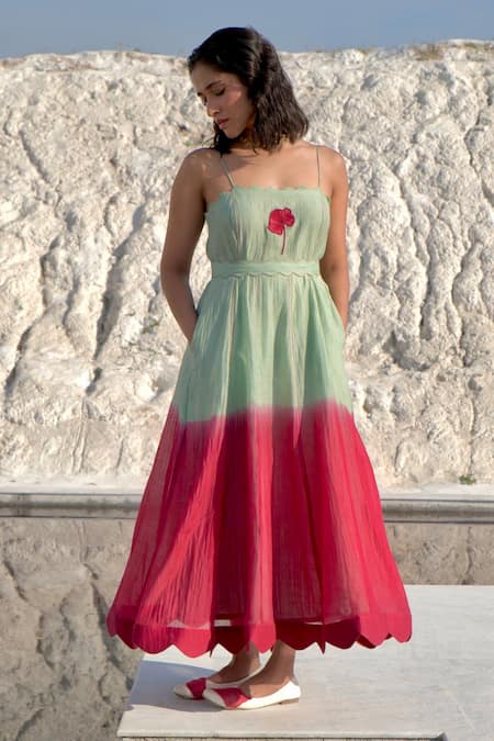 Buy_The Loom Art_Blue Silk, Embroidery Square A-line Panelled Dress With Belt _Online_at_Aza_Fashions