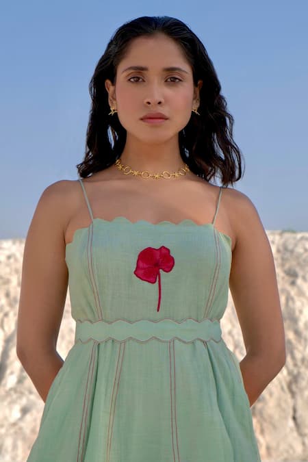 Shop_The Loom Art_Blue Silk, Embroidery Square A-line Panelled Dress With Belt _Online_at_Aza_Fashions