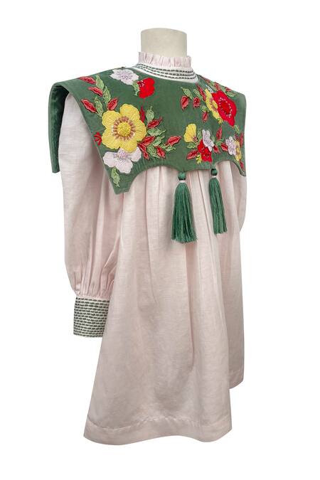 Jasmine And Alaia_White Linen Embroidered Floral Juliet Dress_Online_at_Aza_Fashions