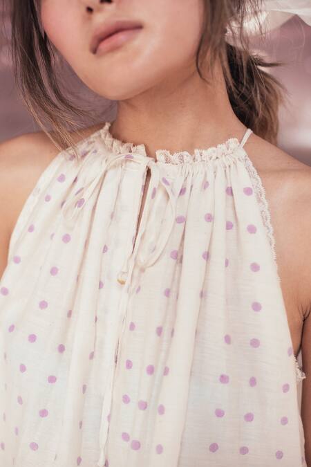 Itr By Khyati Pande_Off White Handloom Cotton, Silk Lace Halter Neck Orchid Summer Top_at_Aza_Fashions