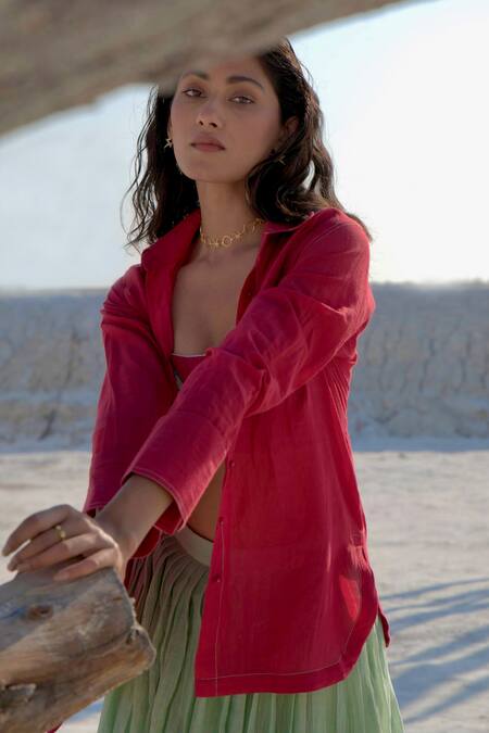 Shop_The Loom Art_Red Chanderi Silk Embroidery Shawl Neck, Button Down Shirt And Skirt Set _Online_at_Aza_Fashions