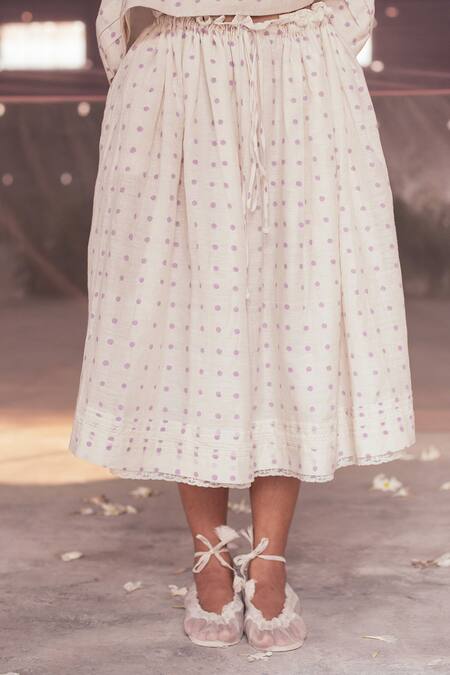 Buy_Itr By Khyati Pande_Off White Handloom Cotton, Silk Lace Orchid Peasant Polka Dot Pattern Skirt_Online_at_Aza_Fashions