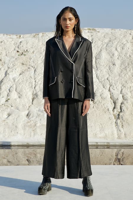 Shop_The Loom Art_Black Chanderi Silk Round Neck Double Breasted Blazer And Pant Set _Online_at_Aza_Fashions