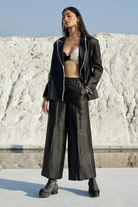 The Loom Art_Black Chanderi Silk Round Neck Double Breasted Blazer And Pant Set _at_Aza_Fashions