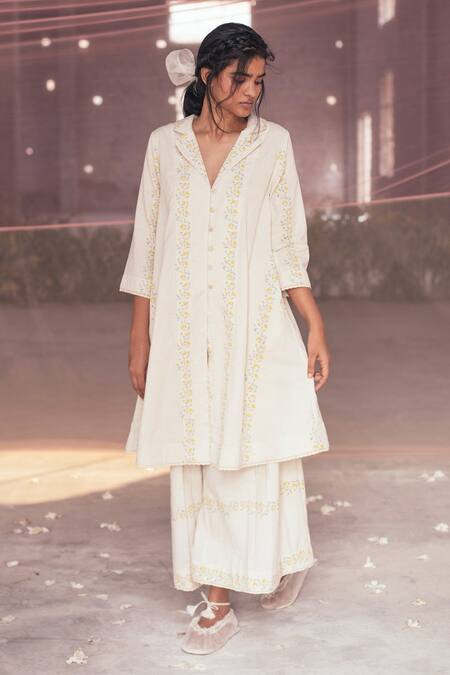 Itr By Khyati Pande_Off White Cotton Embroidery Collared Floral Hand Block Print A-line Dress_Online_at_Aza_Fashions
