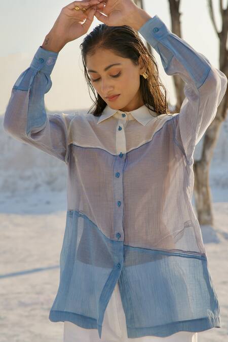 Buy_The Loom Art_Blue Chanderi Silk Shawl Neck Abstract Horizontal Panel Shirt And Pant Set _Online_at_Aza_Fashions