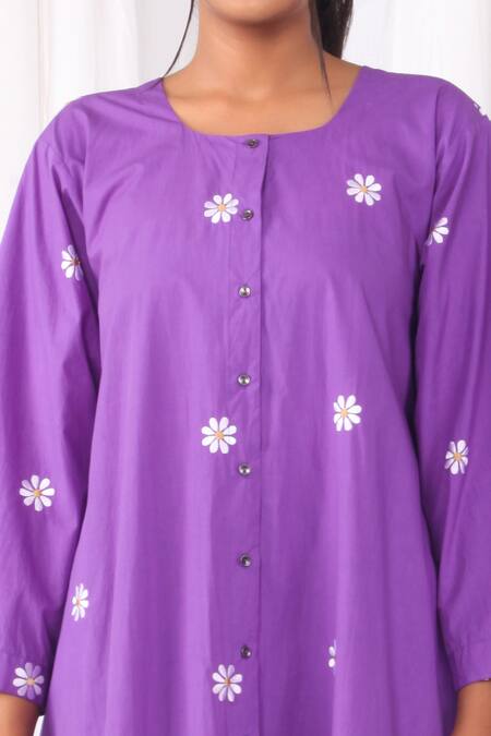 Khat Purple Cotton Embroidery Round Neck Flower Tiered Dress Online at Aza Fashions Khat_Purple Cotton Embroidery Round Neck Flower Tiered Dress _Online_at_Aza_Fashions