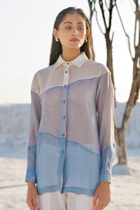 Shop_The Loom Art_Blue Chanderi Silk Shawl Neck Abstract Horizontal Panel Shirt And Pant Set _Online_at_Aza_Fashions