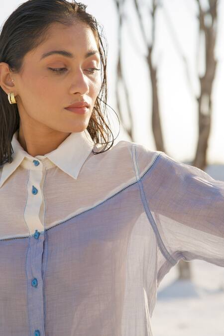 The Loom Art_Blue Chanderi Silk Shawl Neck Abstract Horizontal Panel Shirt And Pant Set _at_Aza_Fashions