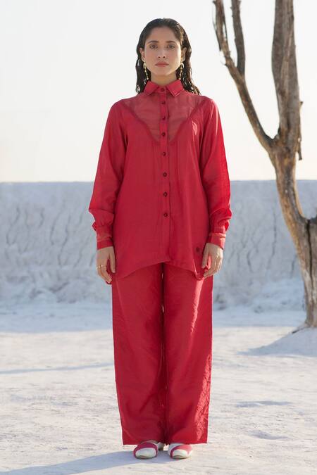 The Loom Art_Red Chanderi Silk Embroidery Shawl Neck Shirt And Pant Set _Online_at_Aza_Fashions