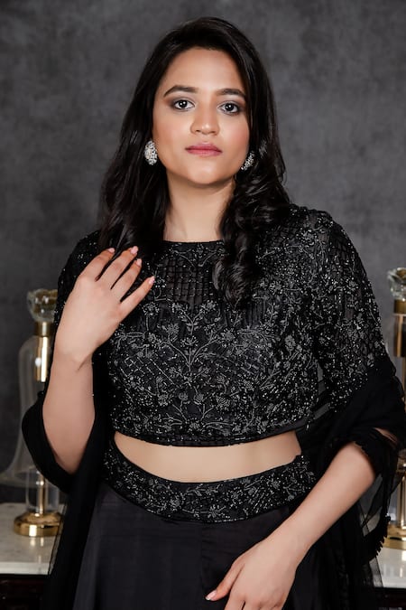 Sunita Bhandari Black Viscose, Georgette Sequins, Layered Lehenga Hand Embroidered Blouse Set Online at Aza Fashions Sunita Bhandari_Black Viscose, Georgette Sequins, Layered Lehenga Hand Embroidered Blouse Set _Online_at_Aza_Fashions