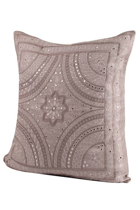 Shop_Khaabka_Grey Cotton Linen Embroidery Mirror Work Cushion Cover - Set Of 2_Online_at_Aza_Fashions