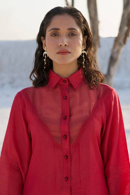 Shop_The Loom Art_Red Chanderi Silk Embroidery Shawl Neck Shirt And Pant Set _Online_at_Aza_Fashions