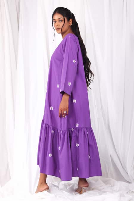 Buy Khat Purple Cotton Embroidery Round Neck Flower Tiered Dress Online at Aza Fashions Buy_Khat_Purple Cotton Embroidery Round Neck Flower Tiered Dress _Online_at_Aza_Fashions