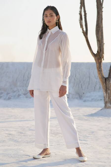 The Loom Art_White Chanderi Silk Embroidery Shawl Neck Shirt And Pant Set _Online_at_Aza_Fashions