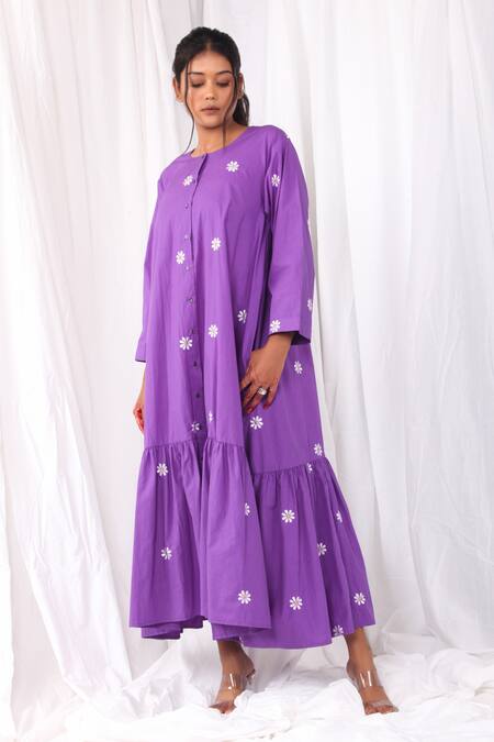 Shop Khat Purple Cotton Embroidery Round Neck Flower Tiered Dress Online at Aza Fashions Shop_Khat_Purple Cotton Embroidery Round Neck Flower Tiered Dress _Online_at_Aza_Fashions