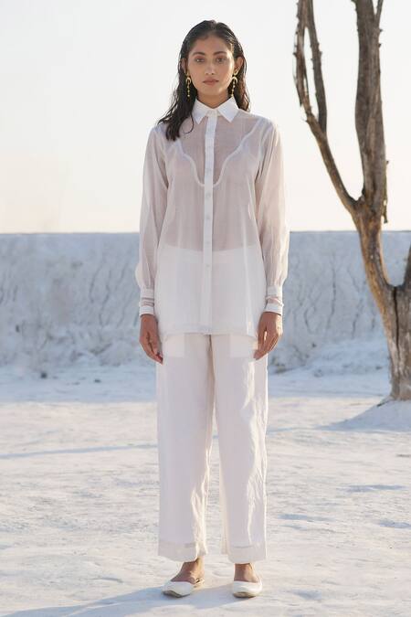 Buy_The Loom Art_White Chanderi Silk Embroidery Shawl Neck Shirt And Pant Set _Online_at_Aza_Fashions