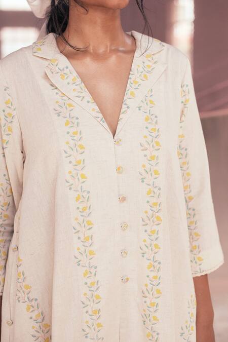 Buy_Itr By Khyati Pande_Off White Cotton Embroidery Collared Floral Hand Block Print A-line Dress_Online_at_Aza_Fashions