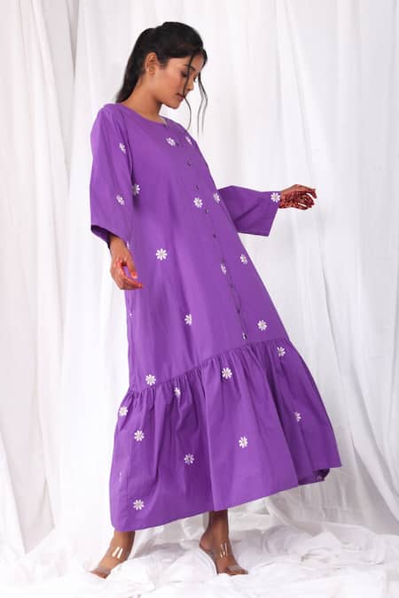 Khat Purple Cotton Embroidery Round Neck Flower Tiered Dress at Aza Fashions Khat_Purple Cotton Embroidery Round Neck Flower Tiered Dress _at_Aza_Fashions