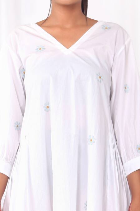 Khat_White Cotton Embroidery V-neck Midi Dress _Online_at_Aza_Fashions