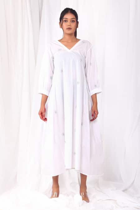 Buy_Khat_White Cotton Embroidery V-neck Midi Dress _Online_at_Aza_Fashions