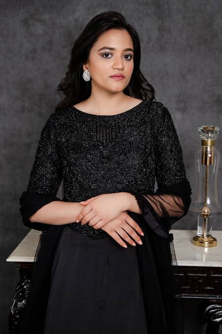 Buy Sunita Bhandari Black Viscose, Georgette Sequins, Layered Lehenga Hand Embroidered Blouse Set Online at Aza Fashions Buy_Sunita Bhandari_Black Viscose, Georgette Sequins, Layered Lehenga Hand Embroidered Blouse Set _Online_at_Aza_Fashions