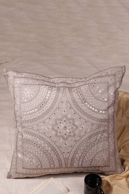 Buy_Khaabka_Grey Cotton Linen Embroidery Mirror Work Cushion Cover - Set Of 2