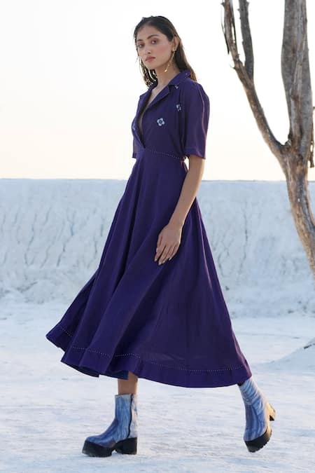 The Loom Art_Blue Chanderi Silk Embroidery Collared Notch Overlap Dress _Online_at_Aza_Fashions