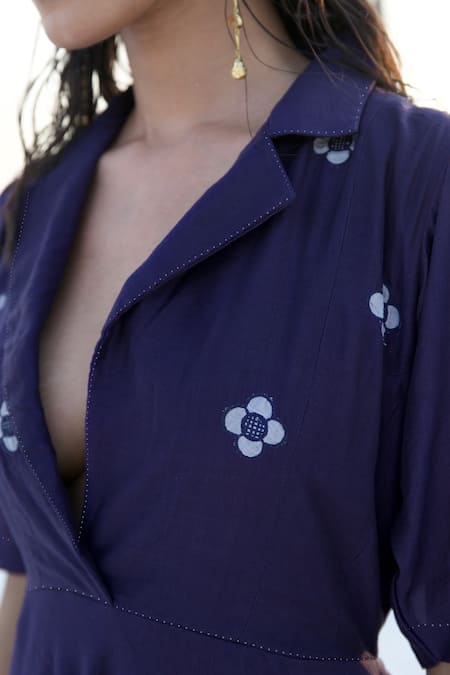 Shop_The Loom Art_Blue Chanderi Silk Embroidery Collared Notch Overlap Dress _Online_at_Aza_Fashions