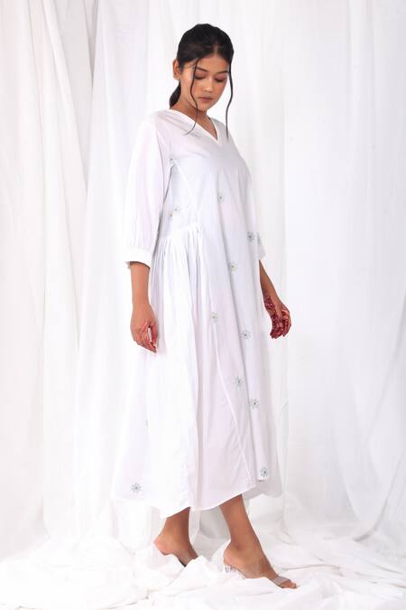 Shop_Khat_White Cotton Embroidery V-neck Midi Dress _Online_at_Aza_Fashions