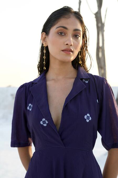 The Loom Art_Blue Chanderi Silk Embroidery Collared Notch Overlap Dress _at_Aza_Fashions