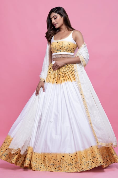 Label Priyanka Kar_White Cotton Satin Embroidery, Tassels Scoop Shaded Floral Print Lehenga Set _Online_at_Aza_Fashions