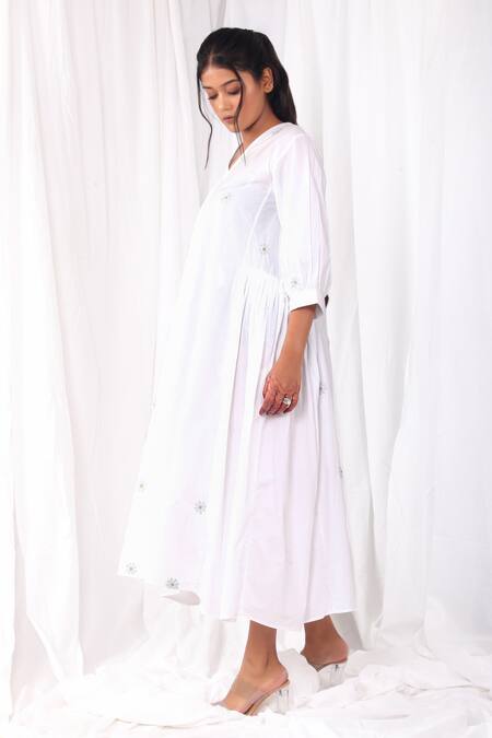 Khat_White Cotton Embroidery V-neck Midi Dress _at_Aza_Fashions
