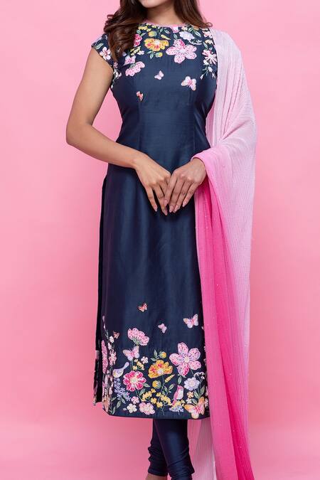 Label Priyanka Kar_Blue Cotton Satin, Chiffon Flower And Butterfly Print Straight Kurta Set _at_Aza_Fashions
