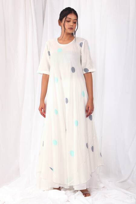 Khat White Cotton Round Neck Handwoven Polka Pattern Dress Online at Aza Fashions Khat_White Cotton Round Neck Handwoven Polka Pattern Dress _Online_at_Aza_Fashions