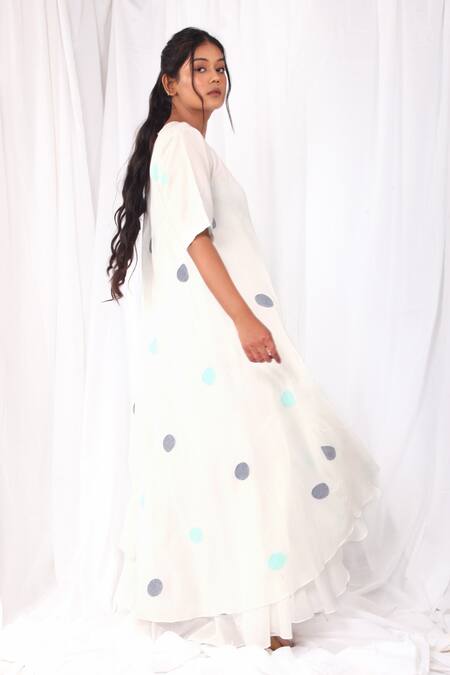 Khat White Cotton Round Neck Handwoven Polka Pattern Dress at Aza Fashions Khat_White Cotton Round Neck Handwoven Polka Pattern Dress _at_Aza_Fashions