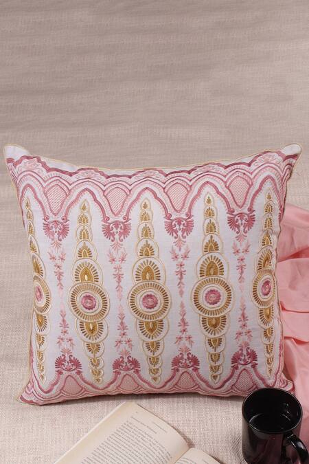 Buy Khaabka Pink Cotton Linen Embroidery Cushion Cover - Set Of 2 Buy_Khaabka_Pink Cotton Linen Embroidery Cushion Cover - Set Of 2