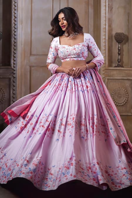 Label Priyanka Kar_Pink Cotton Satin Embroidery Sweetheart Flower And Butterfly Print Lehenga Set _Online_at_Aza_Fashions