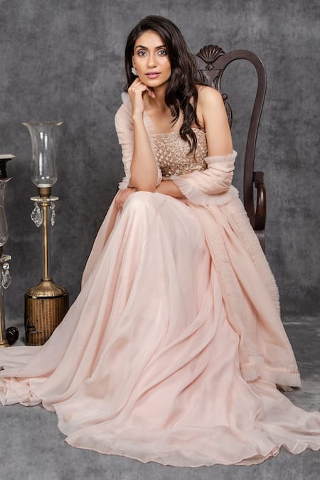 Buy_Sunita Bhandari_Peach Viscose, Organza Cut Work, Embroidery Square Cutdana Blouse Lehenga Set _Online_at_Aza_Fashions