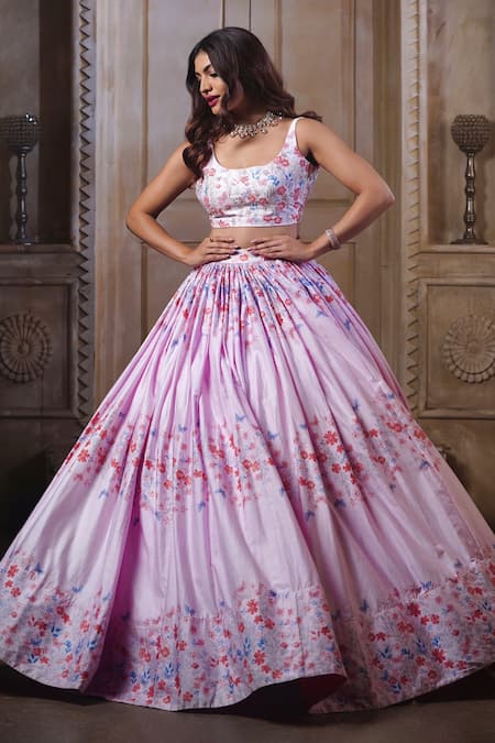 Label Priyanka Kar_Pink Cotton Satin Embroidery Scoop Neck Floral And Butterfly Print Lehenga Set _Online_at_Aza_Fashions