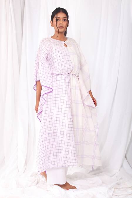 Shop Khat White Round Neck Checkered Kaftan And Pant Set Online at Aza Fashions Shop_Khat_White Round Neck Checkered Kaftan And Pant Set _Online_at_Aza_Fashions