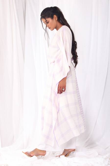 Khat White Cotton Round Neck Striped Pattern Dress at Aza Fashions Khat_White Cotton Round Neck Striped Pattern Dress _at_Aza_Fashions