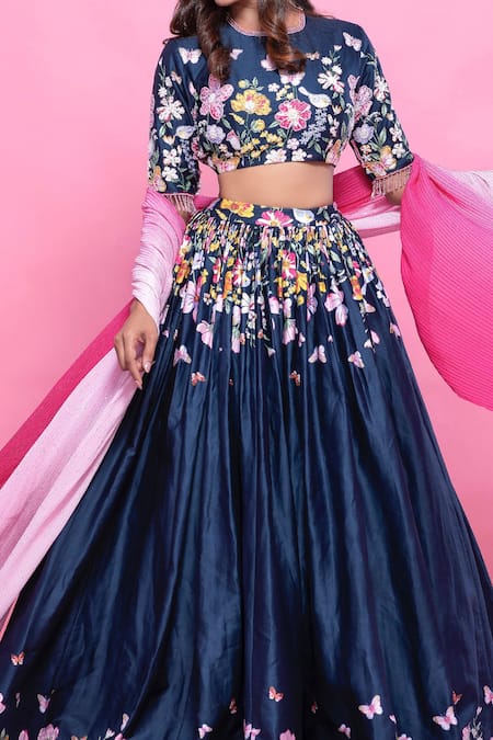 Label Priyanka Kar Blue Satin, Embroidery, Tassels Floret Print Flared Lehenga Set at Aza Fashions Label Priyanka Kar_Blue Satin, Embroidery, Tassels Floret Print Flared Lehenga Set _at_Aza_Fashions