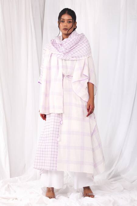 Buy Khat White Round Neck Checkered Kaftan And Pant Set Buy_Khat_White Round Neck Checkered Kaftan And Pant Set