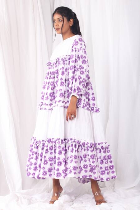 Khat White Cotton Boat Neck Flared Purple Flower Print Dress Online at Aza Fashions Khat_White Cotton Boat Neck Flared Purple Flower Print Dress _Online_at_Aza_Fashions
