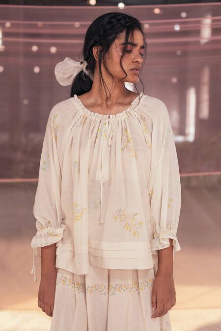 Itr By Khyati Pande_Off White Handloom Cotton, Silk Lace, Honeysuckle Flared Floral Print Top_Online_at_Aza_Fashions