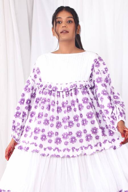 Khat White Cotton Boat Neck Flared Purple Flower Print Dress at Aza Fashions Khat_White Cotton Boat Neck Flared Purple Flower Print Dress _at_Aza_Fashions