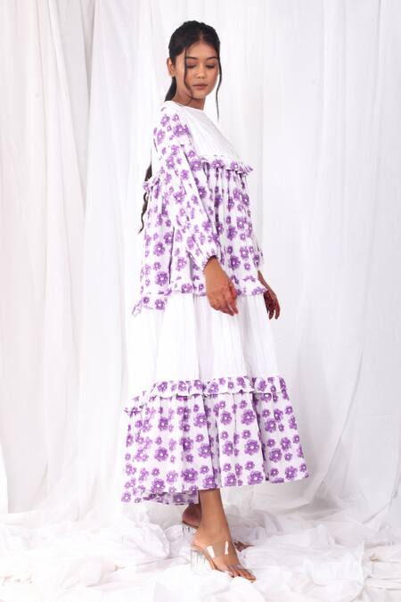 Buy Khat White Cotton Boat Neck Flared Purple Flower Print Dress Online at Aza Fashions Buy_Khat_White Cotton Boat Neck Flared Purple Flower Print Dress _Online_at_Aza_Fashions